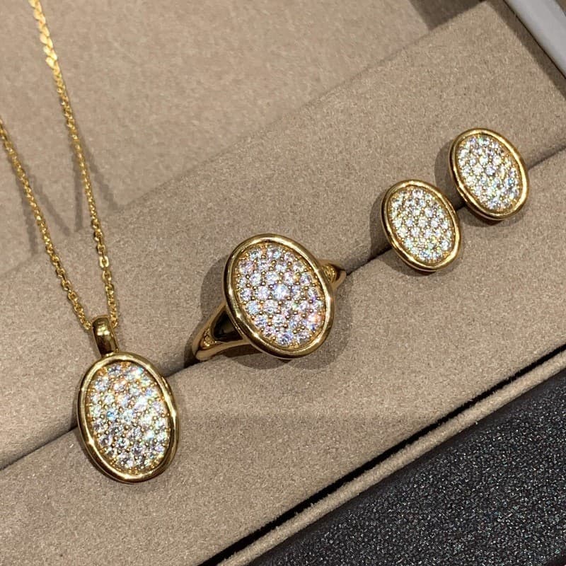 [Estoque pronto] Brincos de diamante completos incrustados ovais medievais, colar de alta qualidade, anel exclusivo WJG