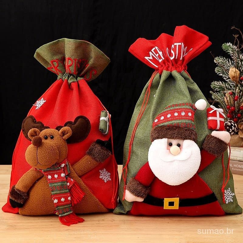 2024 Novo Linho Grande 3D Saco De Presente De Natal Saco De Presente De Papai Noel Crianças Decoração ISXC