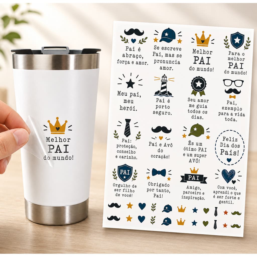 Cartela Adesivo DTF UV A4 - DIA DOS PAIS 3 - Para Personalizados, Lembrancinhas, Canecas, Copos, Garrafas e Presentes