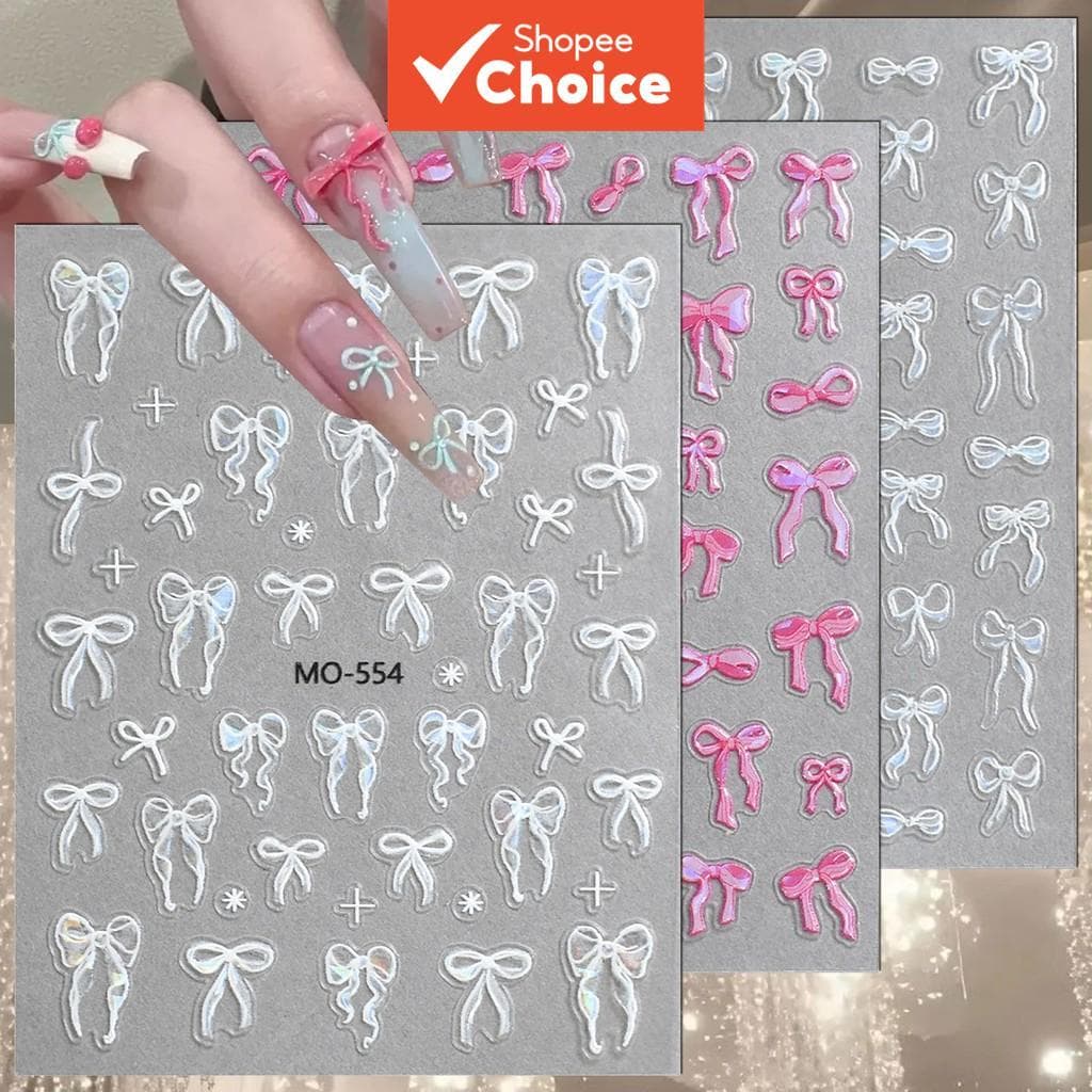 3/6/12 Folhas Adesivos 3D de Laço para Unhas, Laços Autocolantes, Decalques Fofos de Laço Branco e Rosa para Decoração