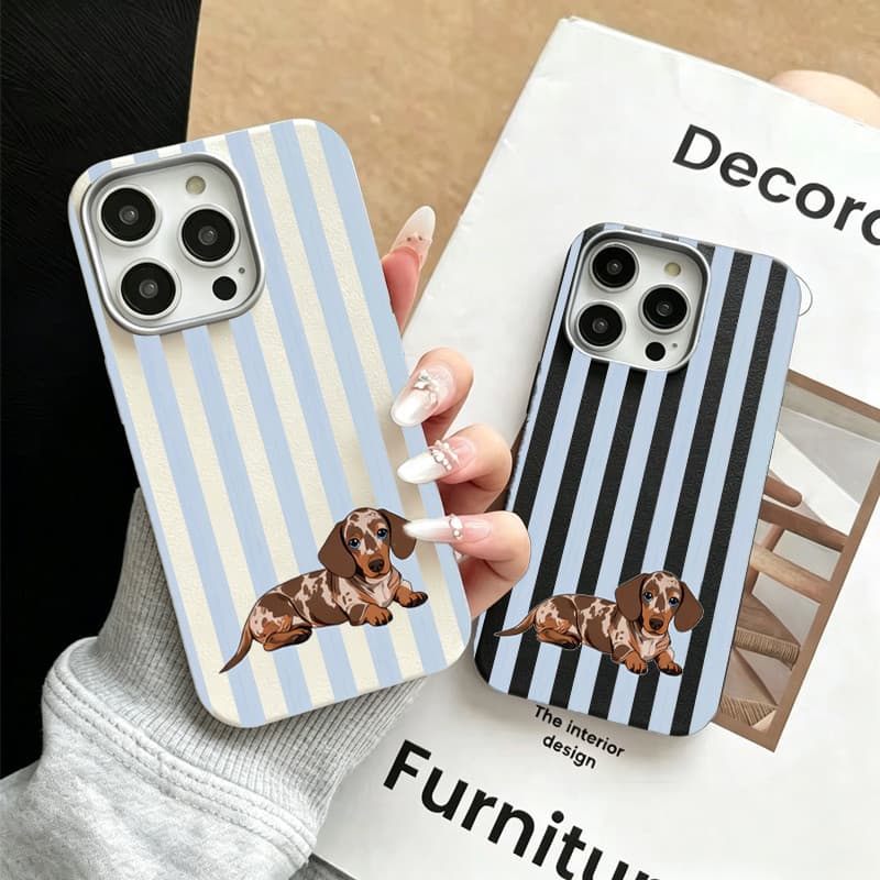 Capinha para iPhone 17/16/15 Pro Max Capinha de Celular Cão Salsicha Listrada, Azul/Preto e Branco Anti-Choque
