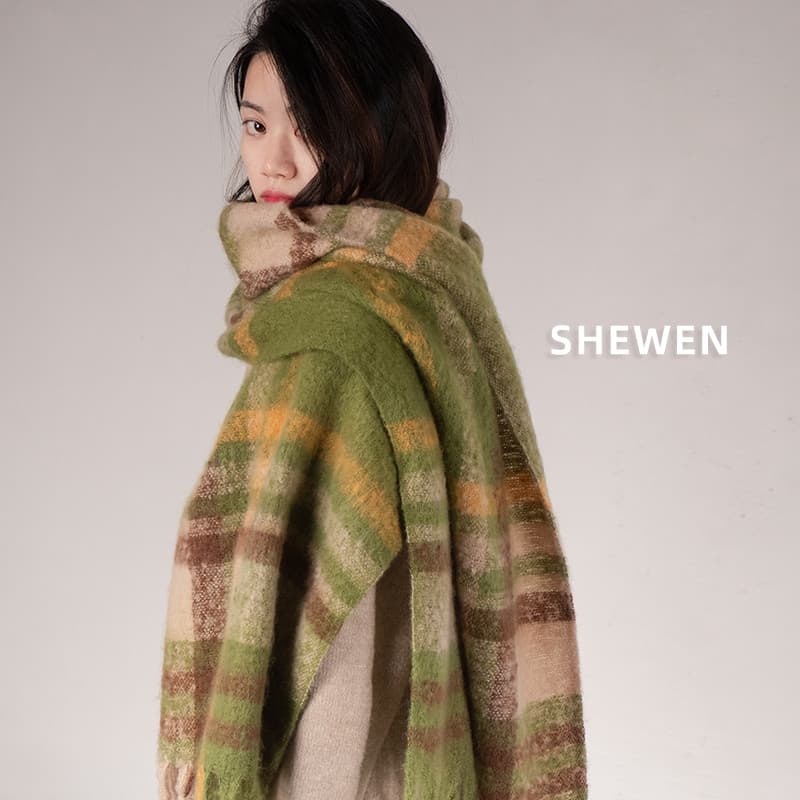 Mohair verde xadrez versão coreana imitação de caxemira cachecol macio pele-amigável All-Match 2022 High-End quente long
