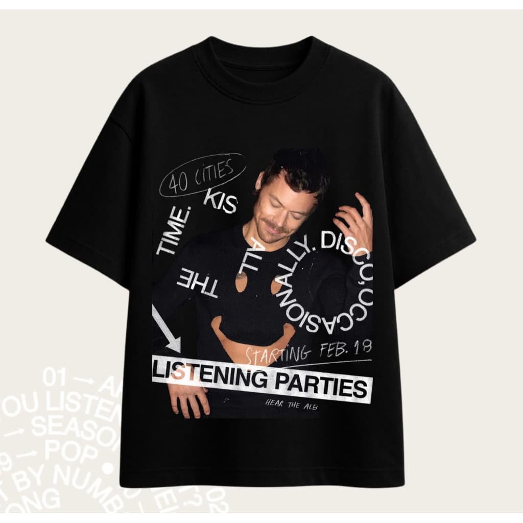 Camiseta Masculina Feminina Harry Styles Listening Parties Collage Foto Texto Circular T-shirt Unissex Envio Imediato