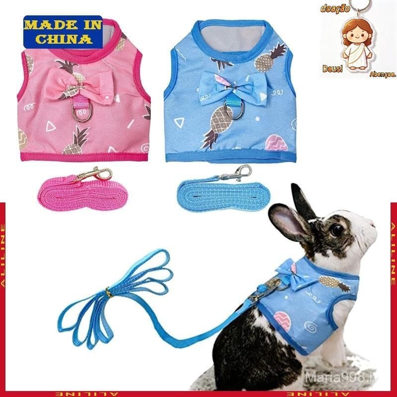 Colete Coelho Sino Para Pequenos Animais E Conjunto Trela Anti-Fuga Ratos