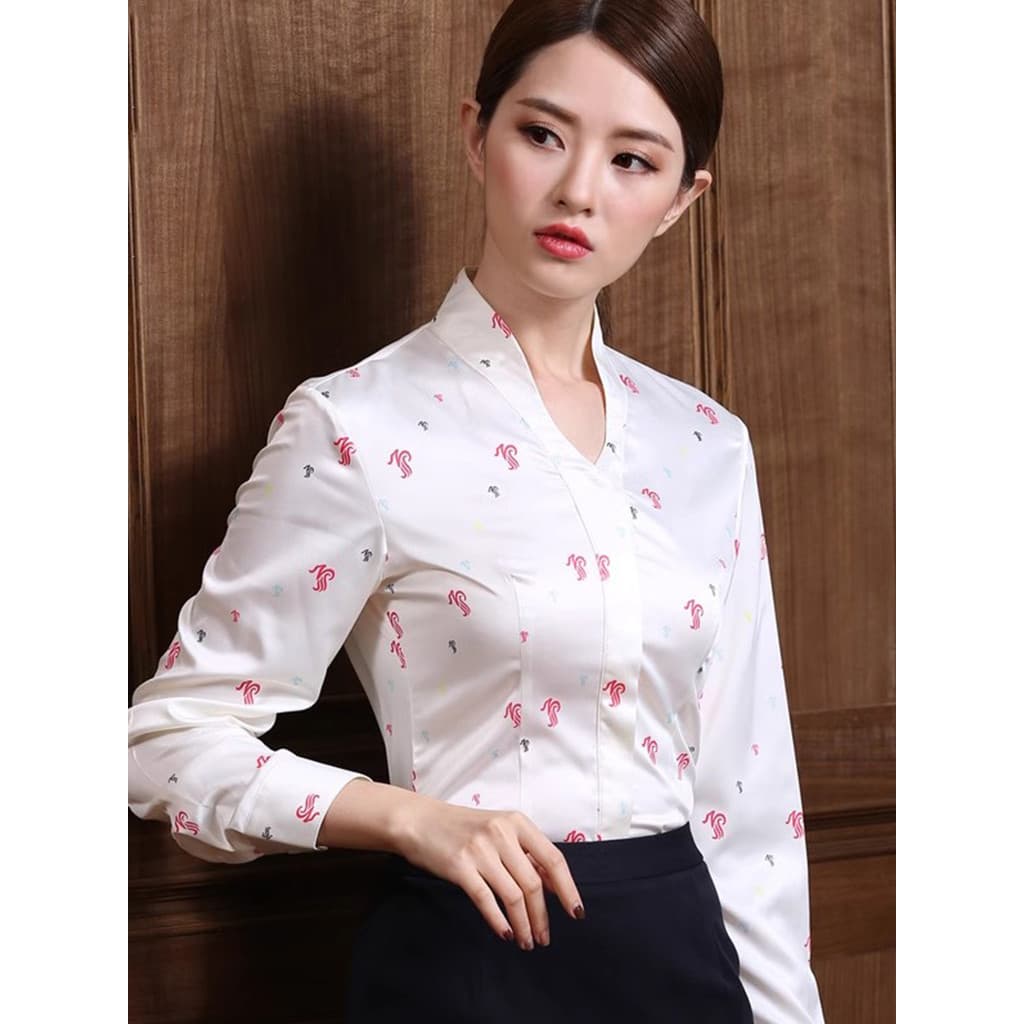 Camisa profissional feminina de manga curta 2026 novo estilo fino ajuste impresso com decote em v camisa Floral aviação