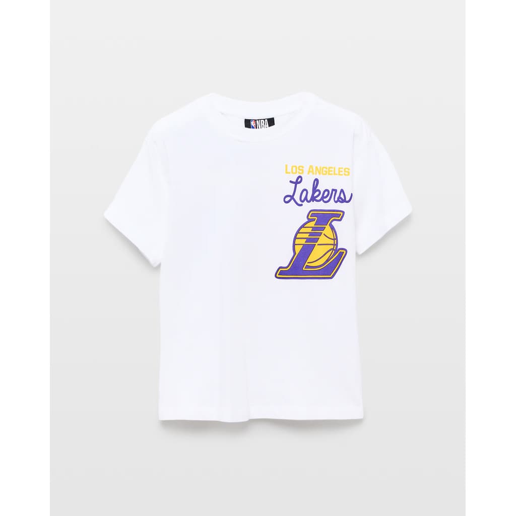Camiseta Masculina Feminina Oversized Estampa Cursiva Los Angeles Lakers Mini Logo L Bola Basquete T-shirt Streetwear