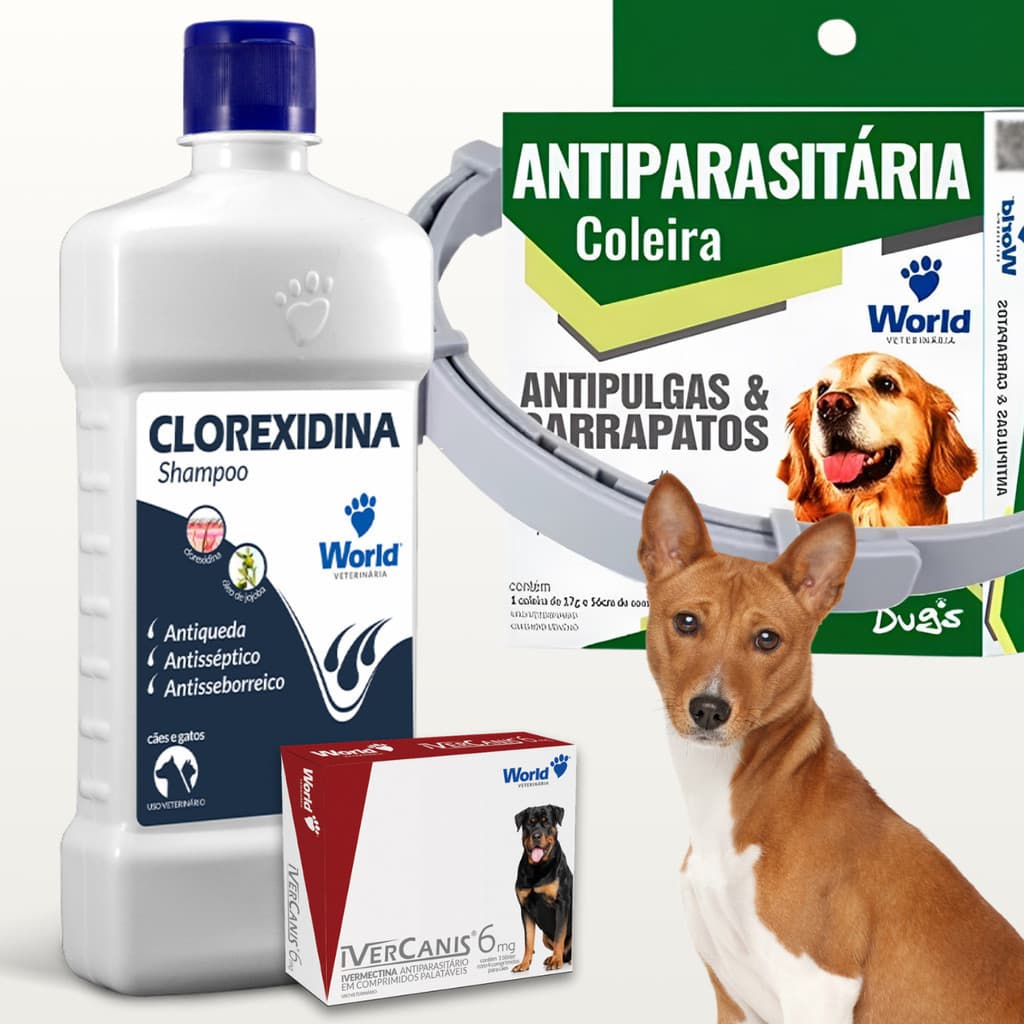 Kit Shampoo Clorexidina Dermatite + Coleira Antiparasitária + Ivercanis Antipulga Anticarrapato