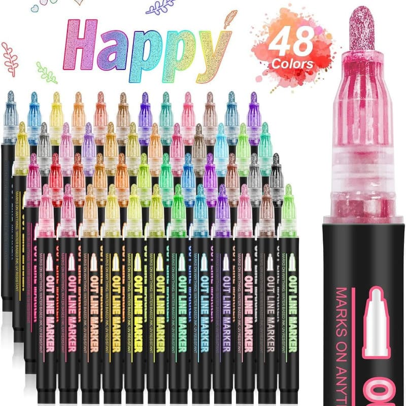 48 cores piscando Metal dupla linha contorno caneta manual cartão Graffiti iluminador