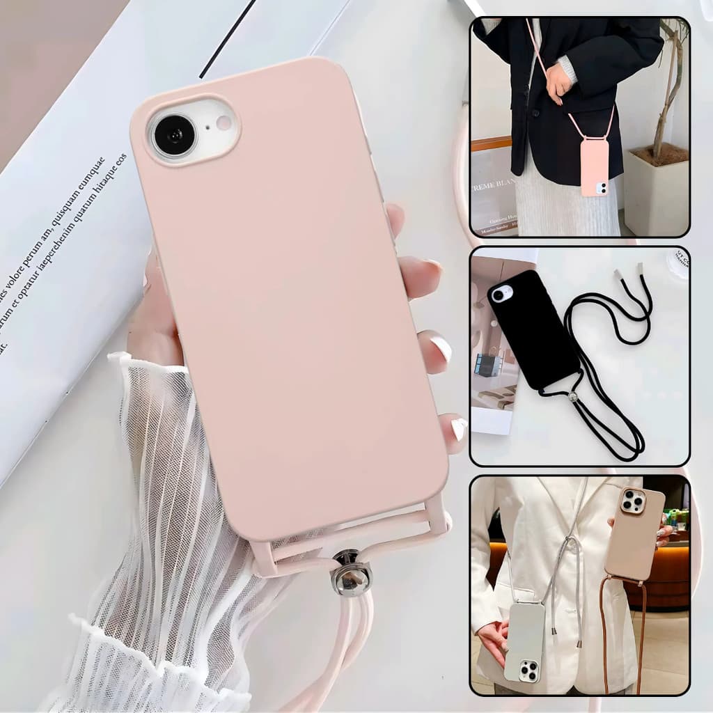 Capa Capinha silicone case com alça cordão transversal tiracolo para iphone 16E