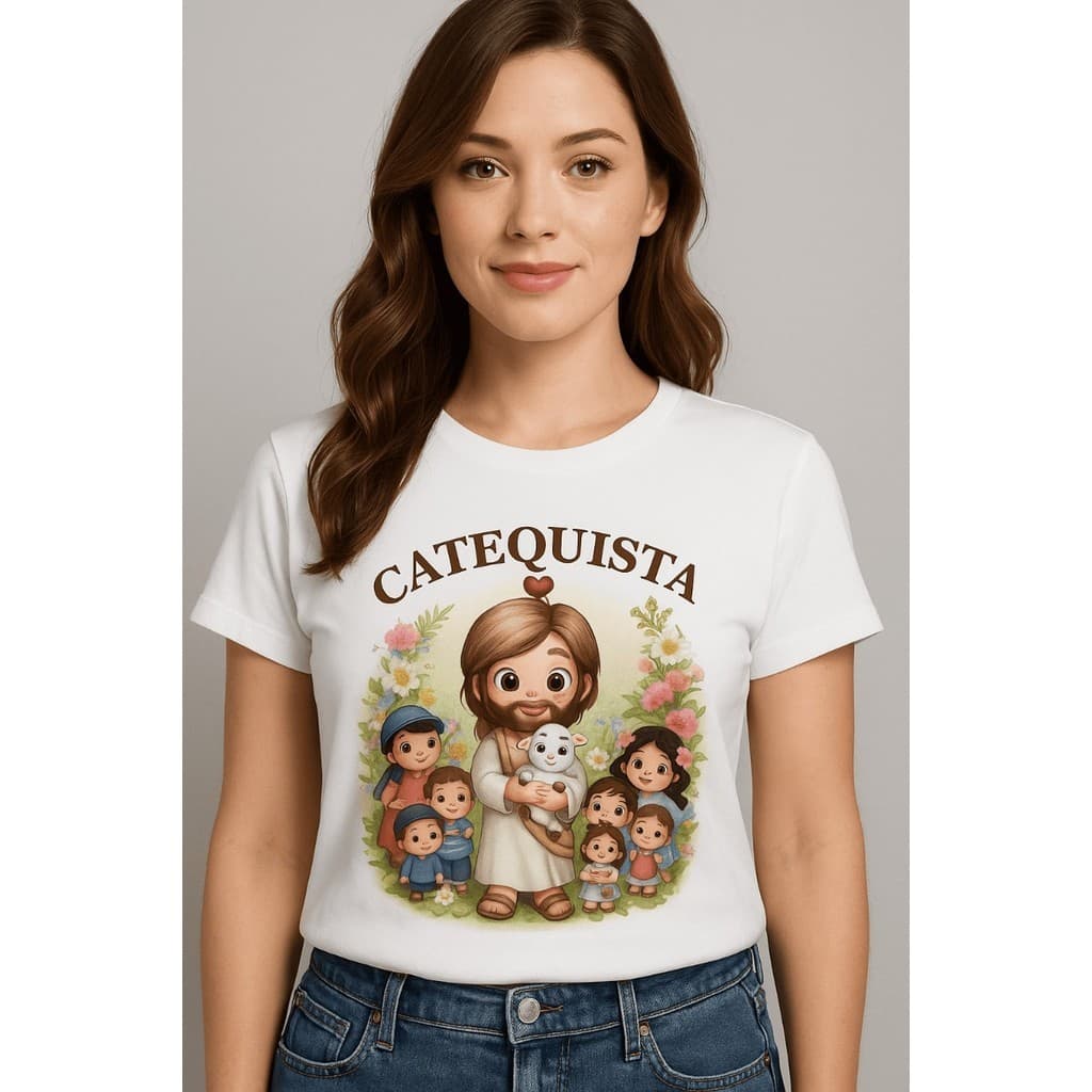Camiseta Unissex T-Shirt Básica Estampada Frase Catequista Jesus 100% Algodão Gola Redonda Casual