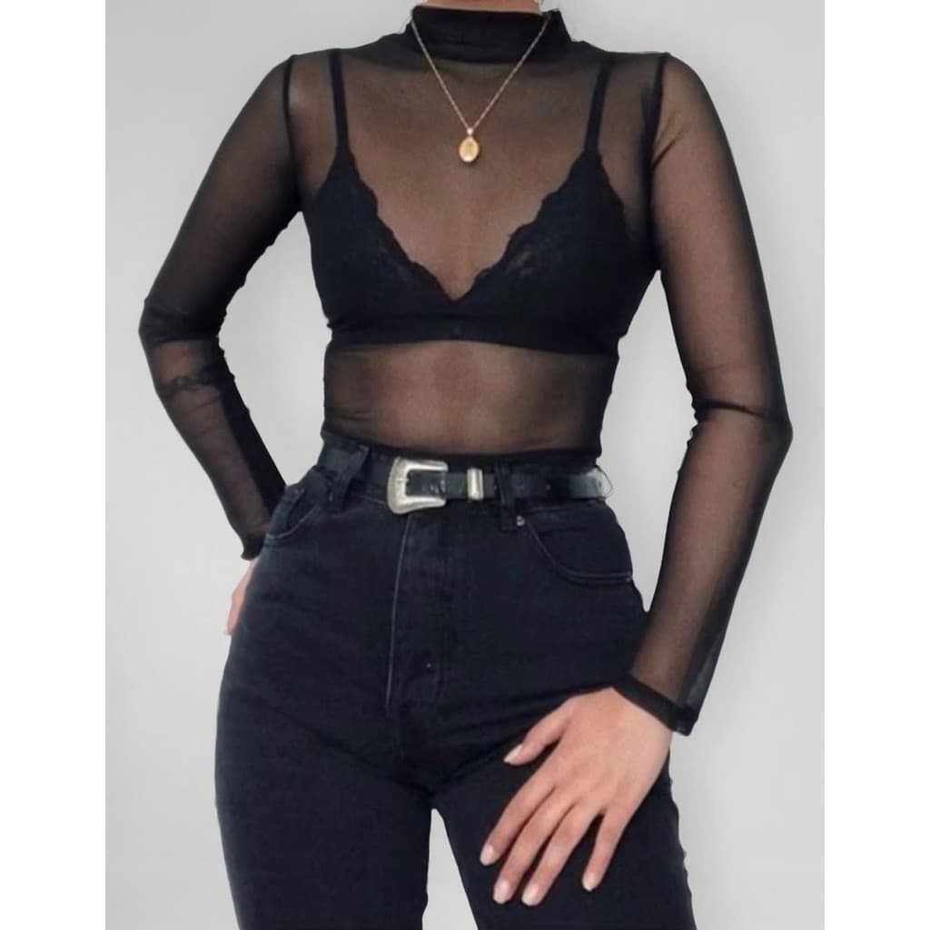 Body Tule Feminino Transparente Manga Longa Com Gola Alta