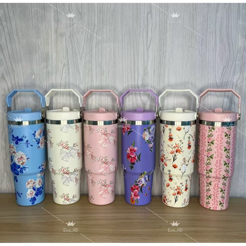 Linda garrafa térmica floral de aço inoxidável de 900 ml com tampa flip-top à prova de vazamento | Alça de transporte