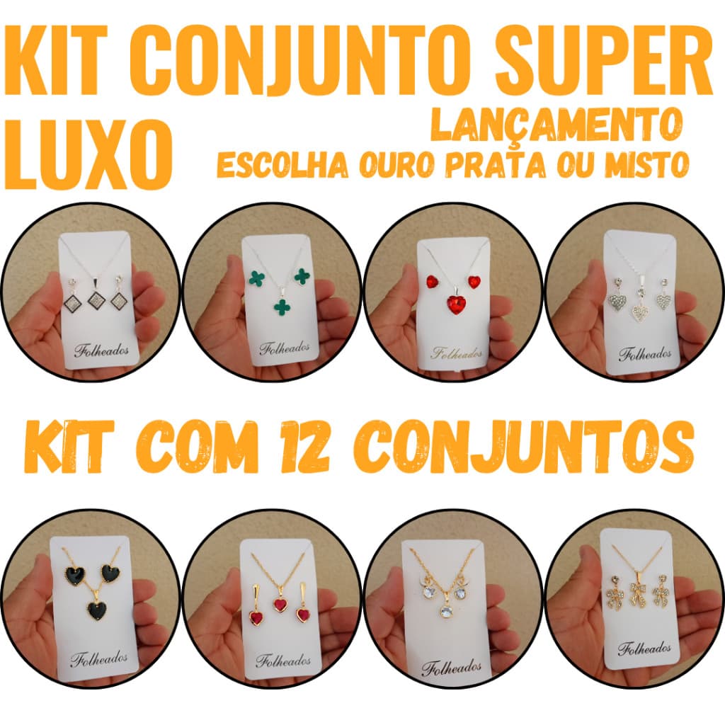 💎 Kit 12 Conjuntos Luxo Zircônia | Folheado Ouro 18k e Prata 925 com Garantia | Atacado Lucra Muito!