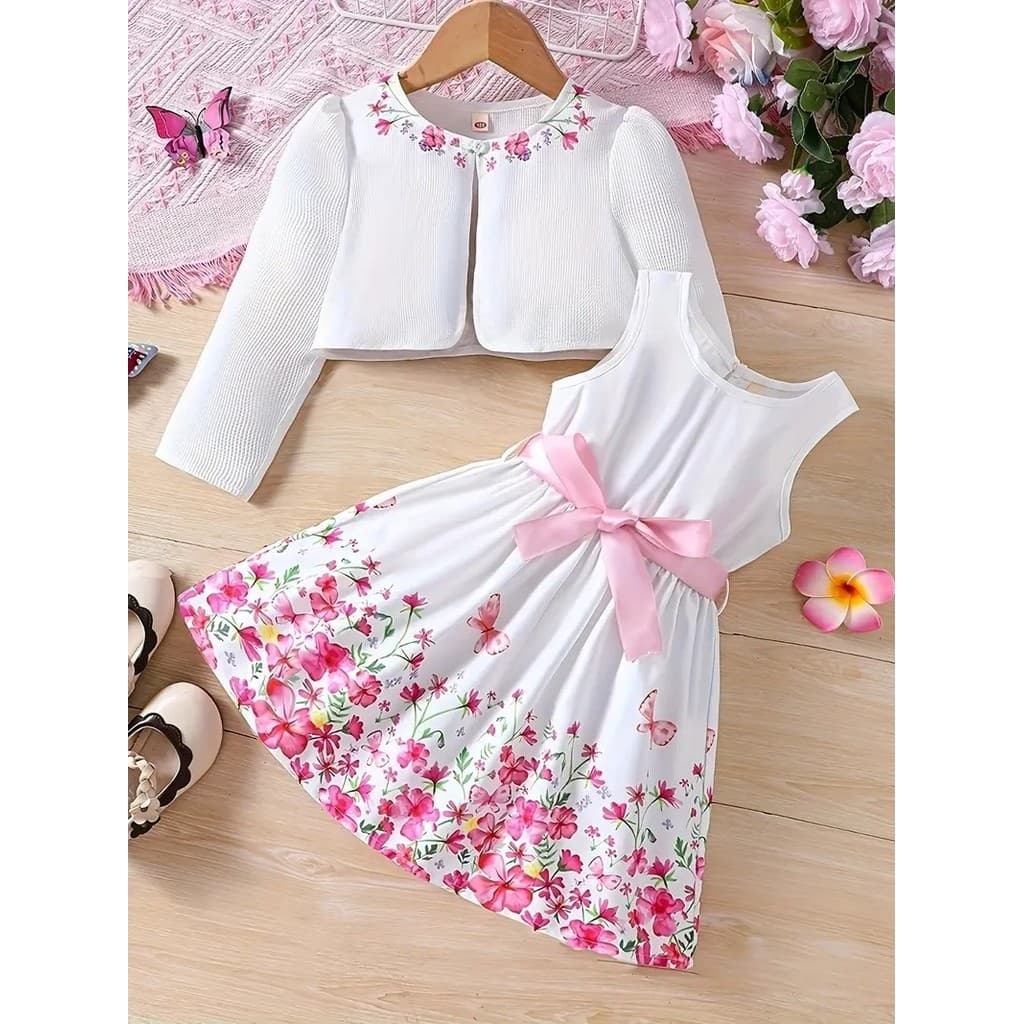 Conjunto Infantil Feminino 2-8 Anos Cardigã Manga Longa + Vestido Sem Mangas Estampa Borboleta e Flor Presente Natal