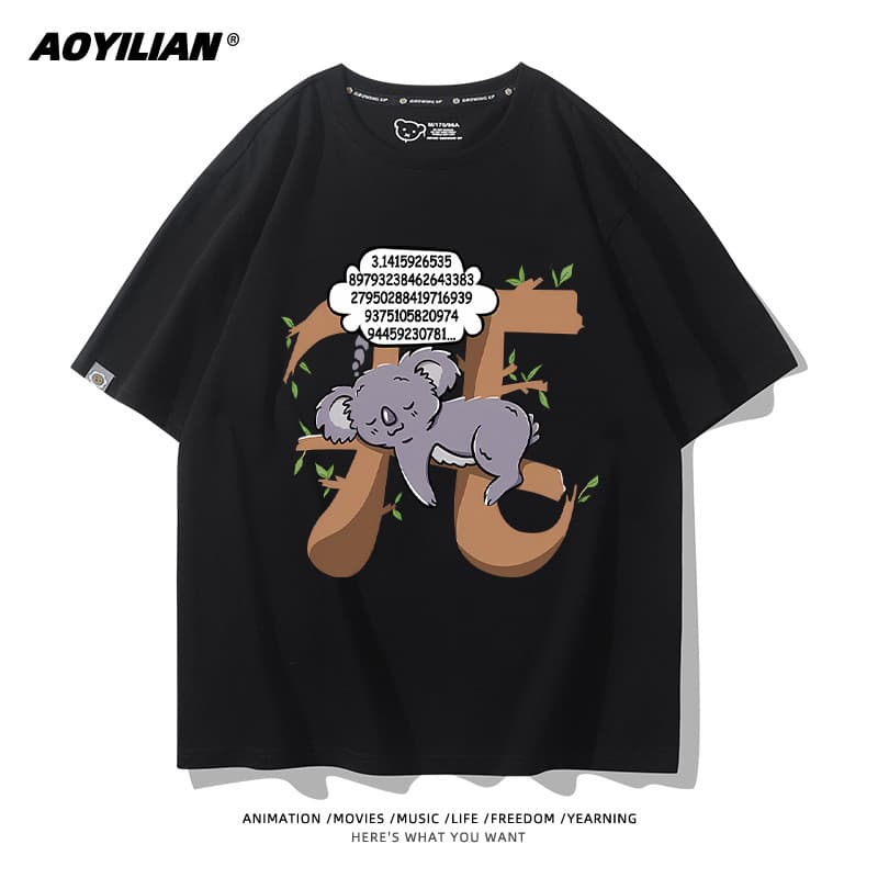 Camiseta Preta Unissex com Estampa de Coala e Números Pi, Estilo Desportivo
