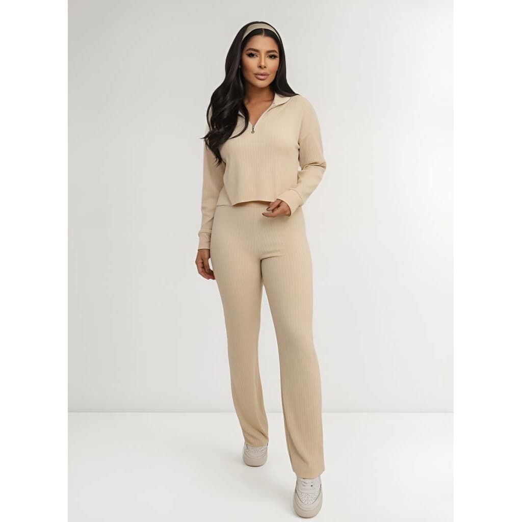 Conjunto Canelado Blusa Manga Longa Calça Flare Confortável