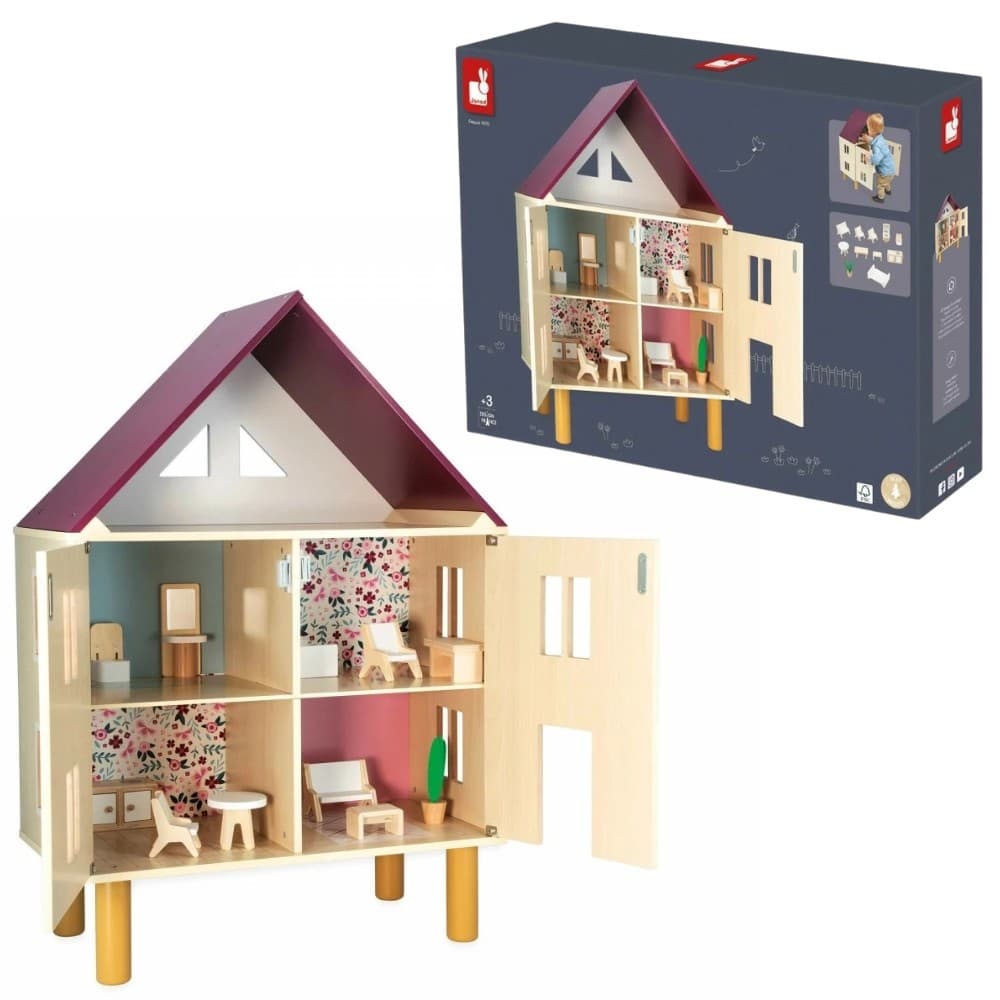 Casa De Bonecas De Madeira Janod Brinquedo Infantil Educativo Com 11 Peças