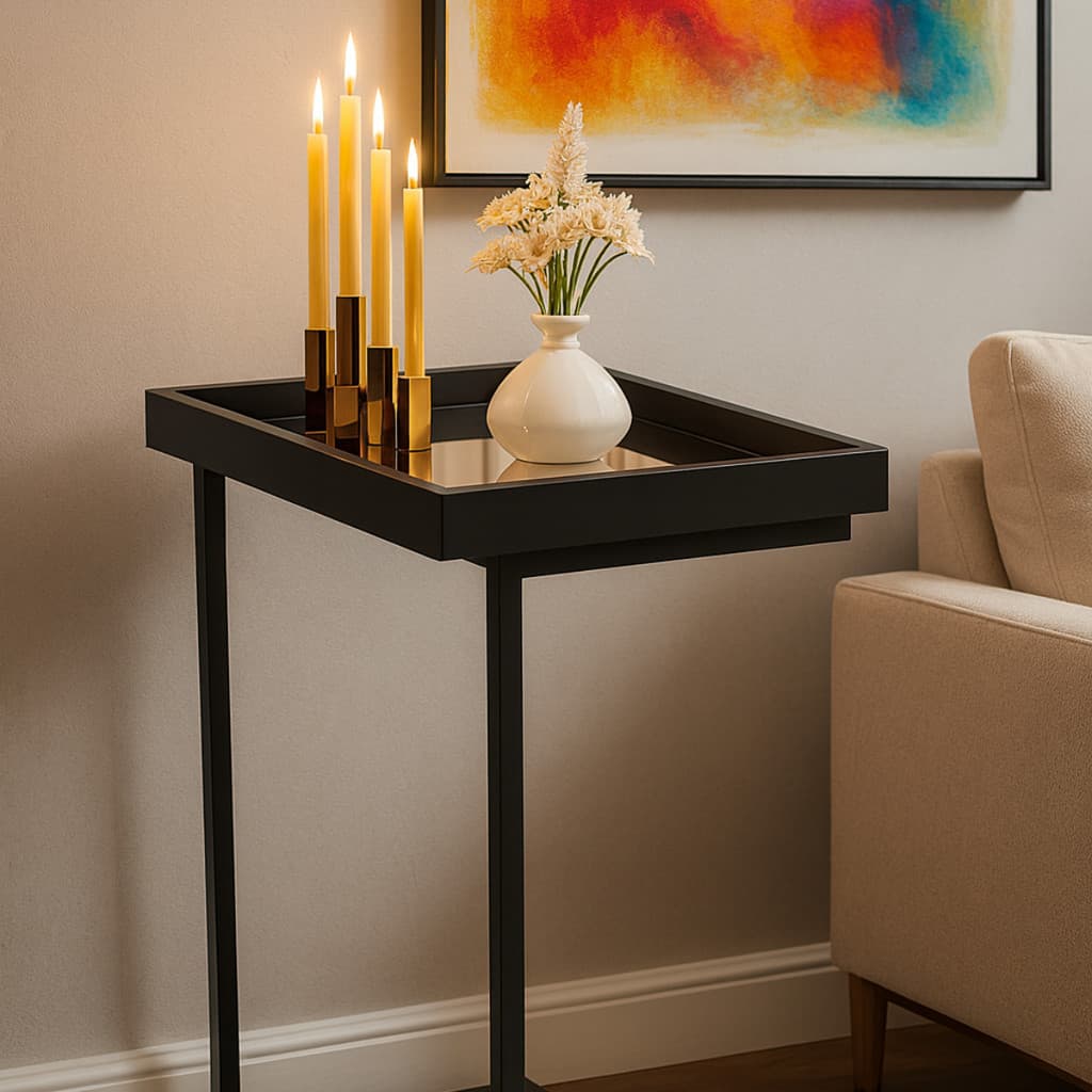 Mesa lateral espelhada Apoio Sala Sofa com Pes de ferro Decorativa Moderna MDF PRETO