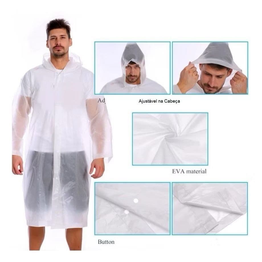 Capa De Chuva Unissex Adulto Transparente C/ Capuz Ajustável PVC Resistente Chuvas Pronta Entrega