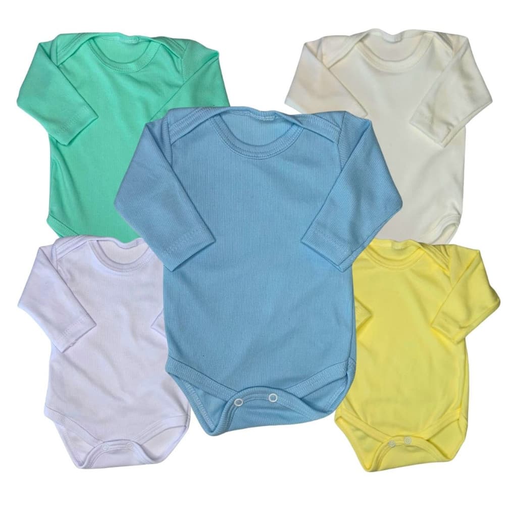 Kit 5 Peças Body De Bebe Liso Malha Canelada Manga Longa Menino e Menina