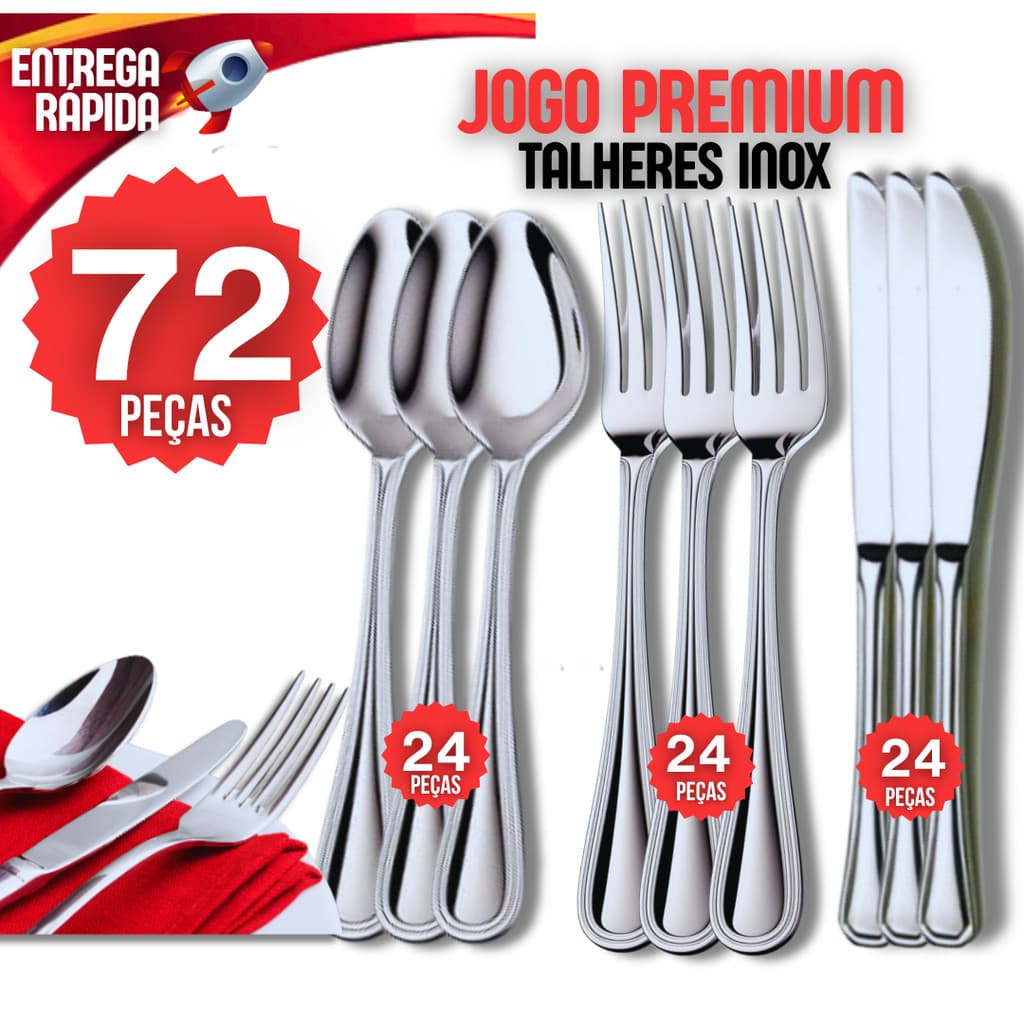 Jogo 72 Talher 100% Inox 24 Garfo 24 Faca 24 Colher Premium Cozinha Casa Buffet Restaurante Qualidade