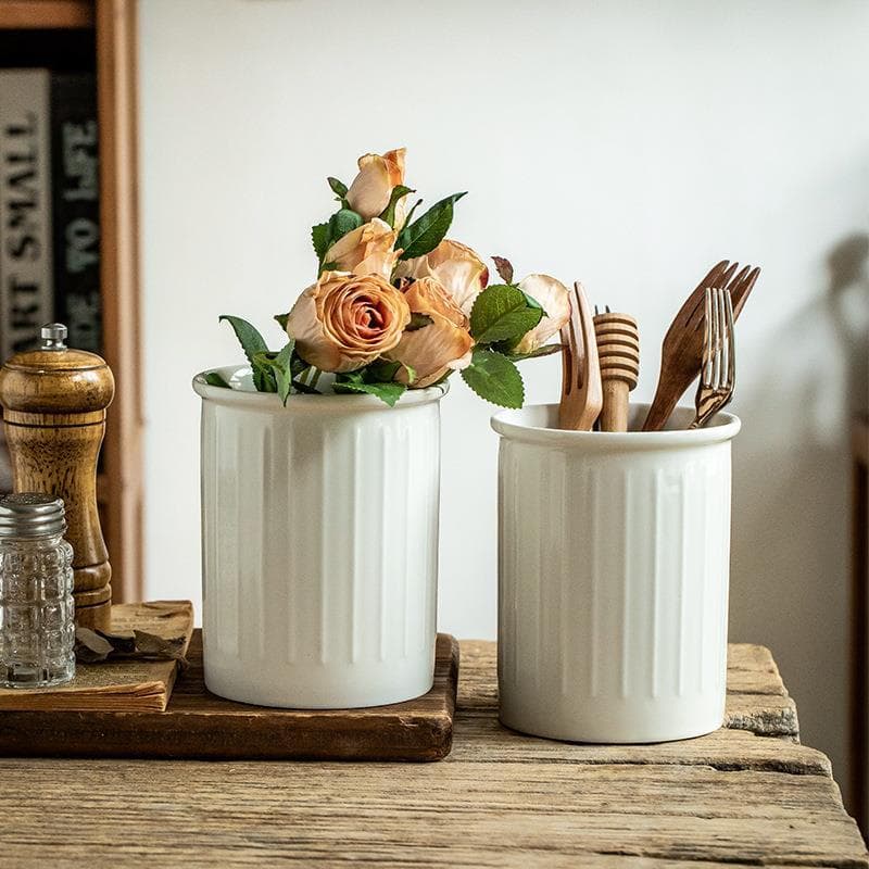Cerâmica em relevo listras brancas pauzinho titular flor inserção ferramenta de cozinha armazenamento garfo colher armaz
