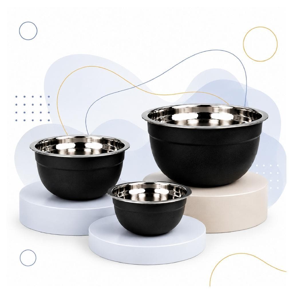 Kit 3 Tigelas Preta Bowl Inox Bacia Saladeira Tigela Moderna - Tamanhos 16cm, 20cm, 24cm - 3 Peças