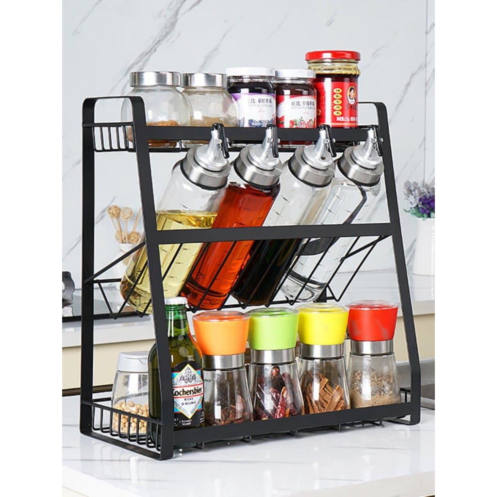 Criativo tempero rack de armazenamento de cozinha preto três camadas molho garrafa Jar tempero rack Anti-poeira Material