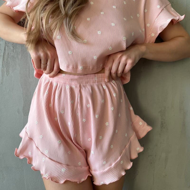Conjunto de pijama feminino Casual estampado folha de lótus manga curta gola redonda Shorts conjunto de duas peças