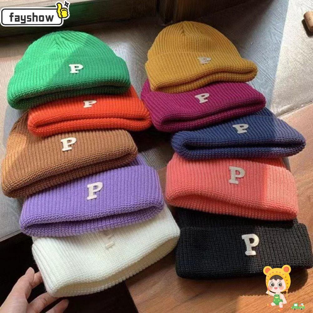 Chapéu De Tricô FAYSHOW , Gorro De Malha Quente De Lã Com Letra P De Fio Punho Inverno Feminino