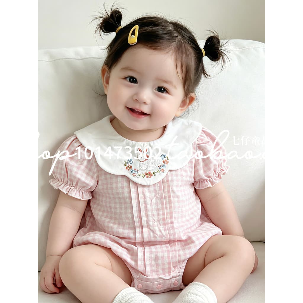 Estilo coreano pequeno mês-idade bebê menina verão estilo ocidental roupas de bebê roupas de verão doce macacão de manga