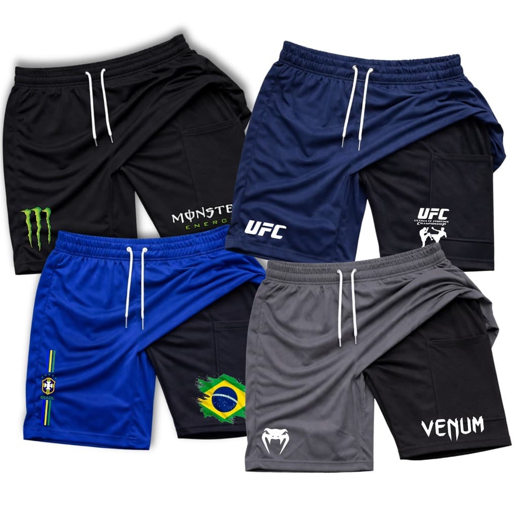 Bermuda Short Compressão 2 em 1 Masculino Futebol Corrida Academia Treino Crossfit Fitnes