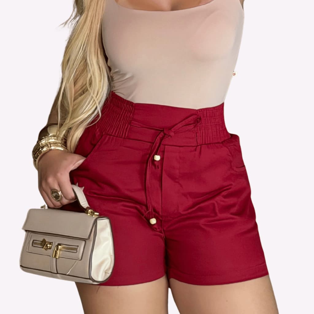 Short Feminino em Brim com Cintura Alta e Amarração  modelagem soltinha garante liberdade