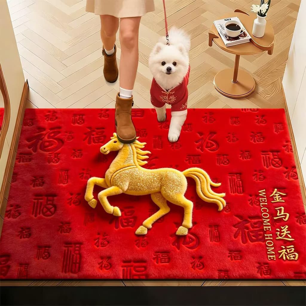 2026 novo estilo tapete de entrada de cavalo dourado vermelho festivo porta de entrada tapete antiderrapante porta de en