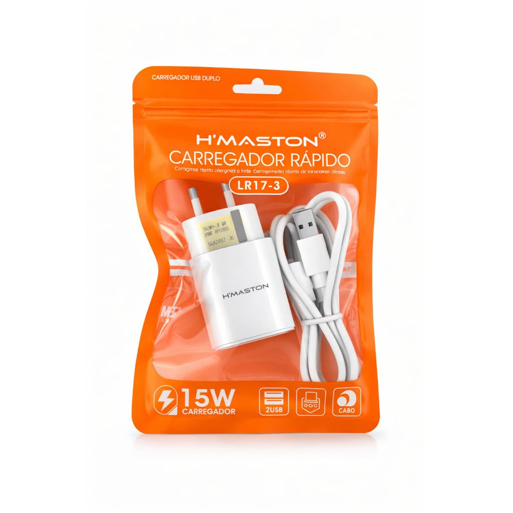Carregador Veloz Turbo Tipo C - 15W USB Duplo + Cabo 1m Android e iOS h'maston