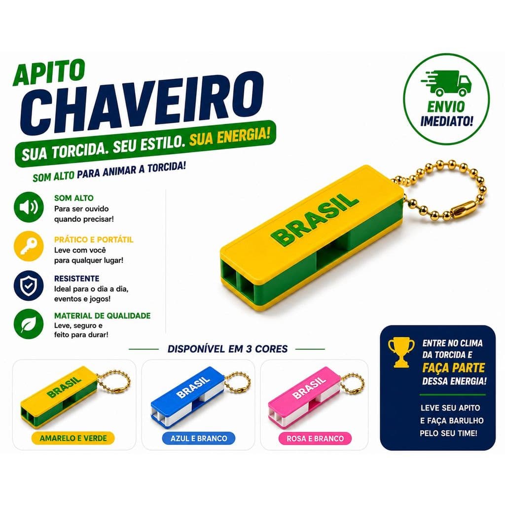 KIT 5 CHAVEIROS DE APITO MINI TIMES BRASIL (CORES VARIADAS)