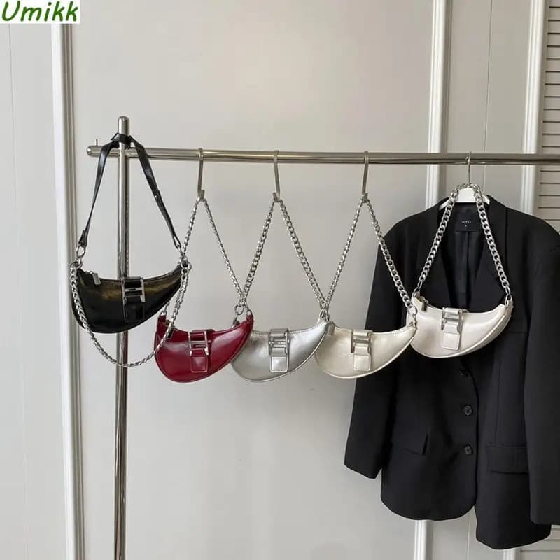 Bolsa de Ombro Feminina em PU, Pequena, Cor Sólida, com Corrente, Alça Ajustável, Bolsa Transversal Moderna, Fechamento