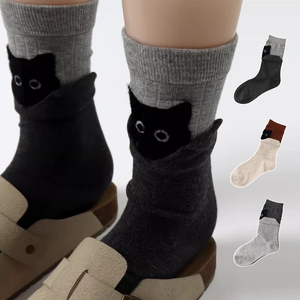 Três Pares de Meias Adoráveis de Gato - Design de Bloco de Cores em Dupla Camada para Aquecimento no Inverno, Apresentan