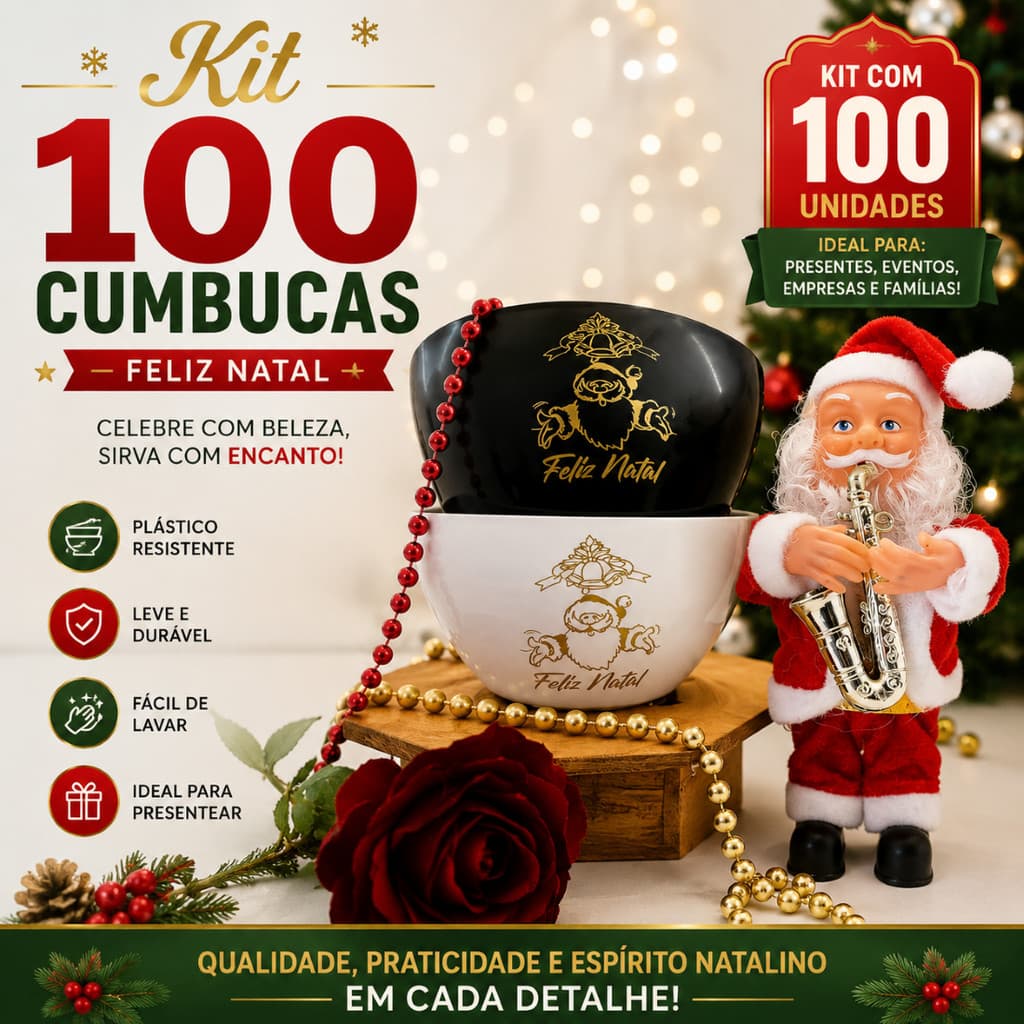 Kit 100 Pote Plástico Personalizado FELIZ NATAL - 300ml