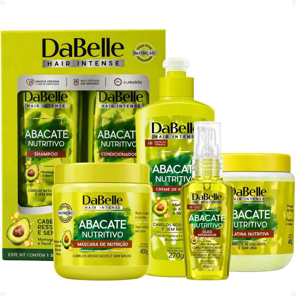 Kit DaBelle Abacate: Shampoo 410ml e Condicionador 175ml+ Máscara, Creme de Pentear, Gelatina 400g, Óleo Reparador 45ml