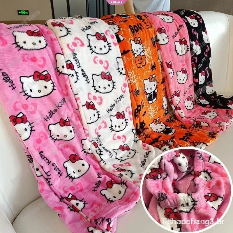 Lindo Hello Kitty Flanela Pijamas Preto Feminino De Lã Quente Calças Casual Sanrio Moda De Inverno De Outono