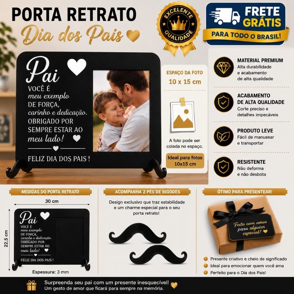 Porta Retrato Dia dos Pais com Frase "Pai Você é Meu Exemplo" - Foto 10x15 - MDF Preto