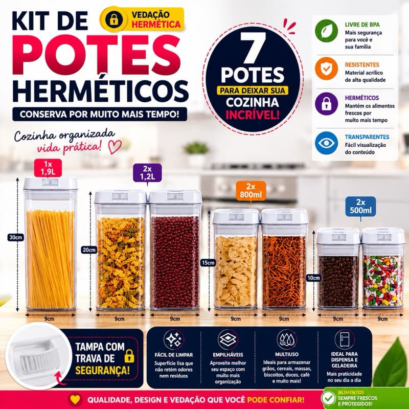 7 Potes Herméticos para Mantimentos de Acrílico Empilhavel para cozinha e alimentos organiza armário