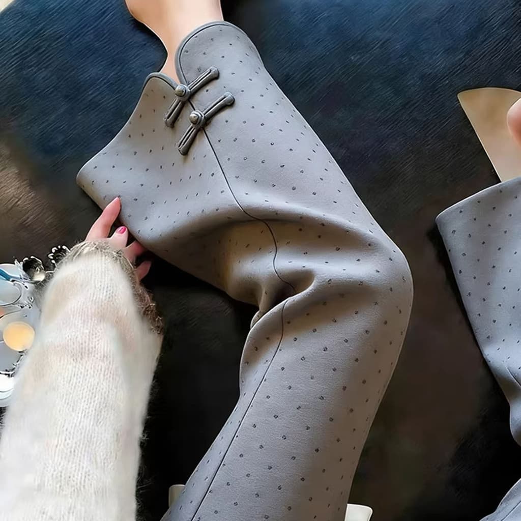 Novo estilo chinês cinza fivela bolinhas calças temperamento feminino Commuter