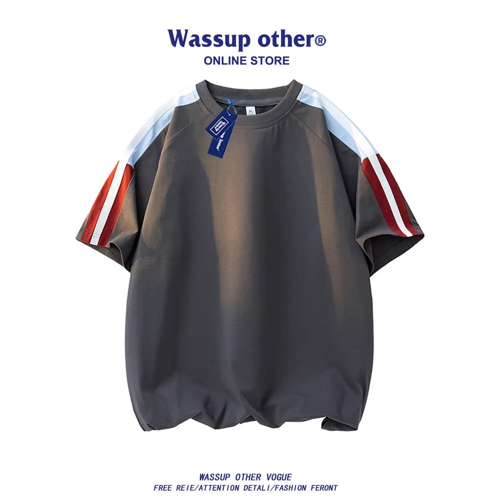 WASSUP OUTRO Americano Retro Costura Em Torno Do Pescoço De Manga Curta Camiseta Masculina Verão High-End Sense Ruffian