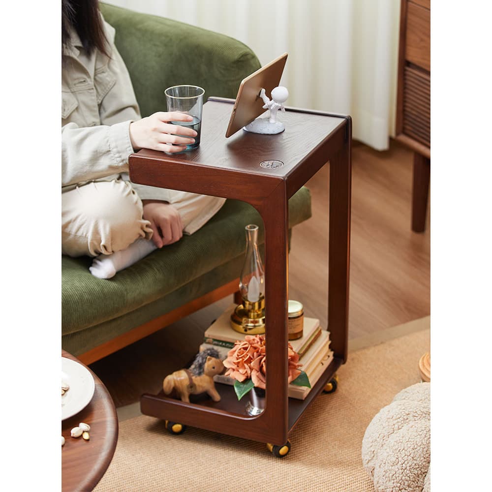 Madeira maciça removível sofá mesa lateral Mini mesa de centro lanche Rack de armazenamento doméstico em forma de C mesa
