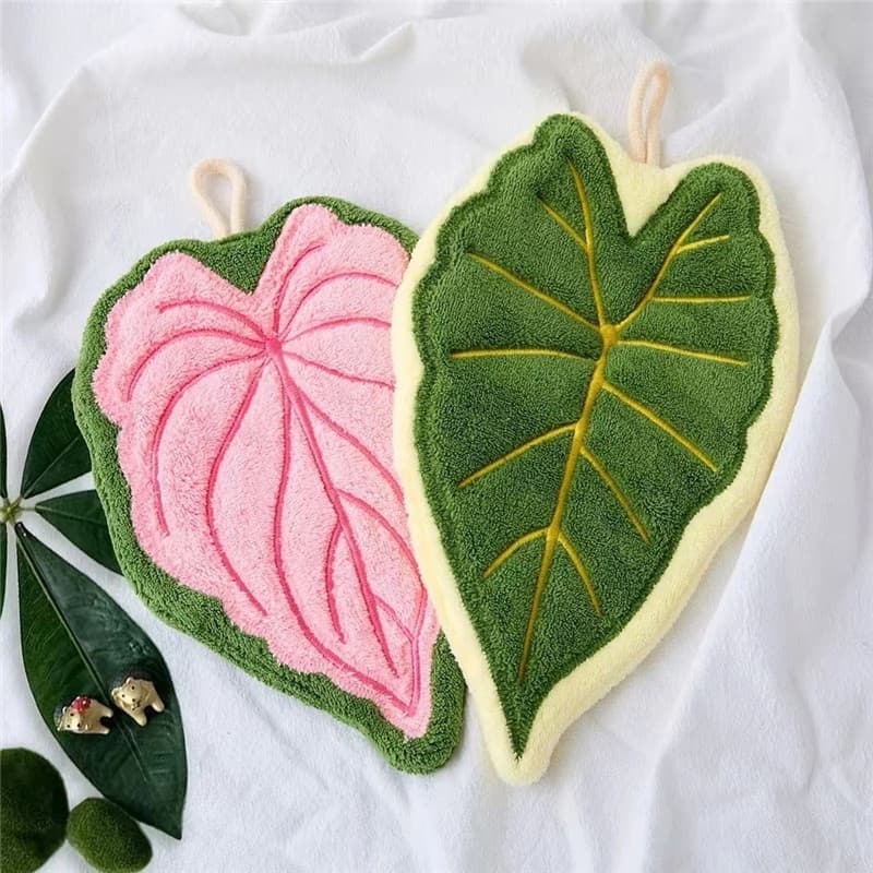 1Pc 15x25cm Coral Velo Criativo Planta Folha Forma Pendurado Casa Cozinha Banheiro Macio Absorvente Toalha De Mão