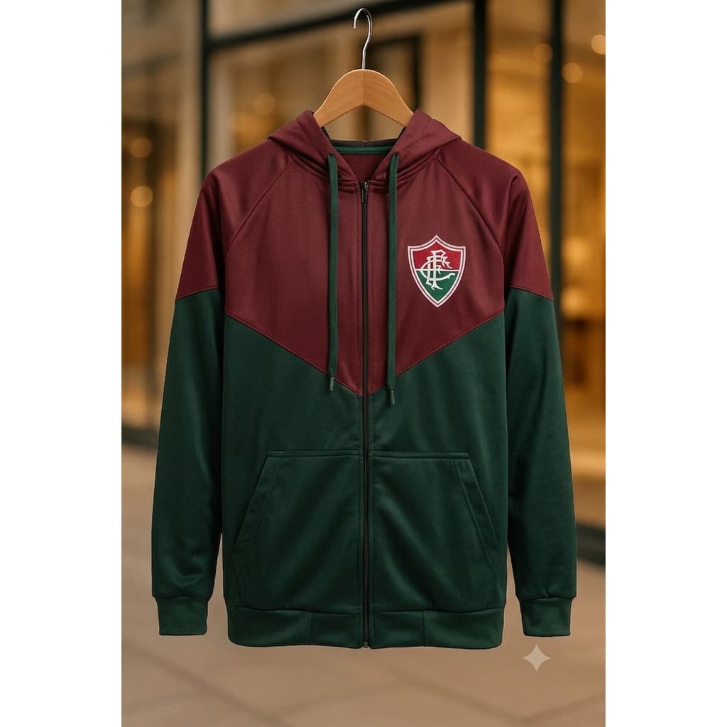Jaqueta Fluminense Masculina Com Capuz Zíper Bolsos Torcida Futebol Casual Esportiva Confortável Dia a Dia