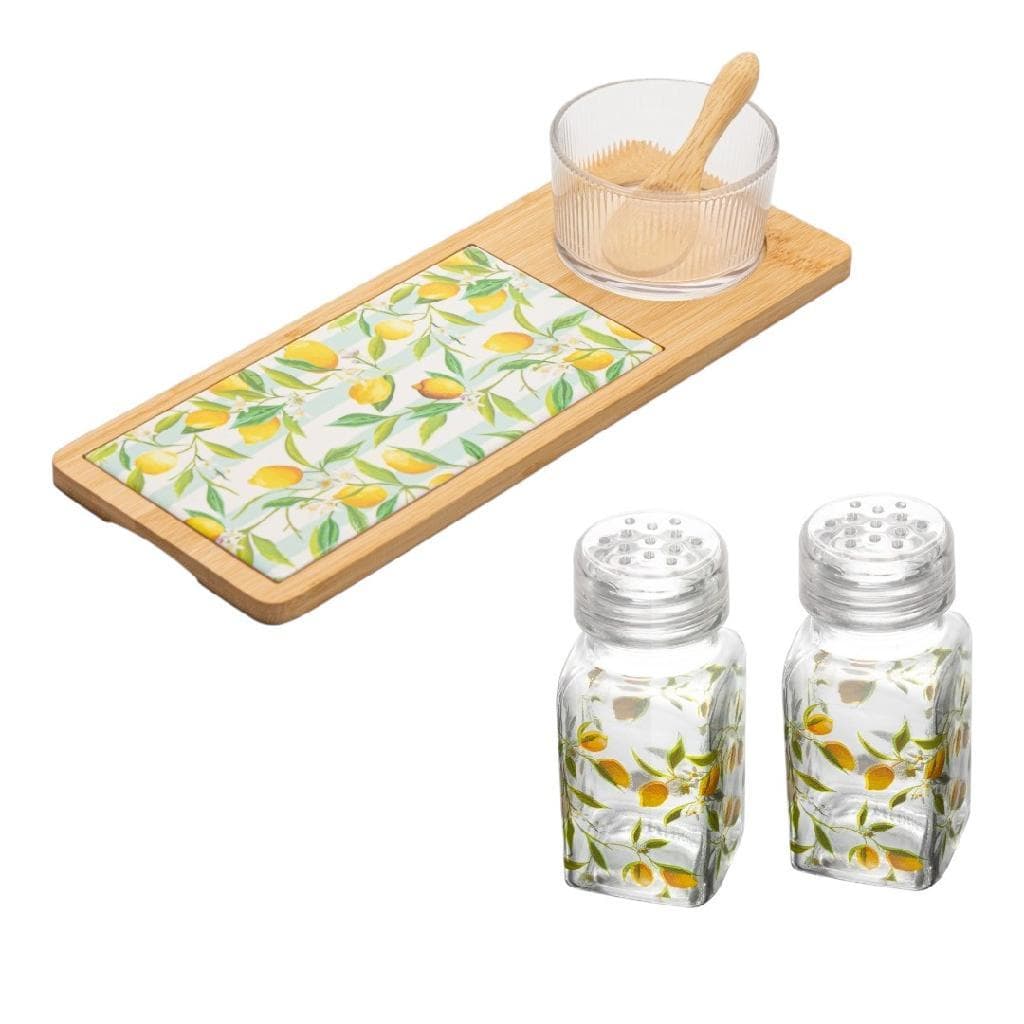 Kit 6 Peças Bandeja Petisqueira Bambu Bowl Colher E Conjunto Saleiro Pimenteiro Siciliano