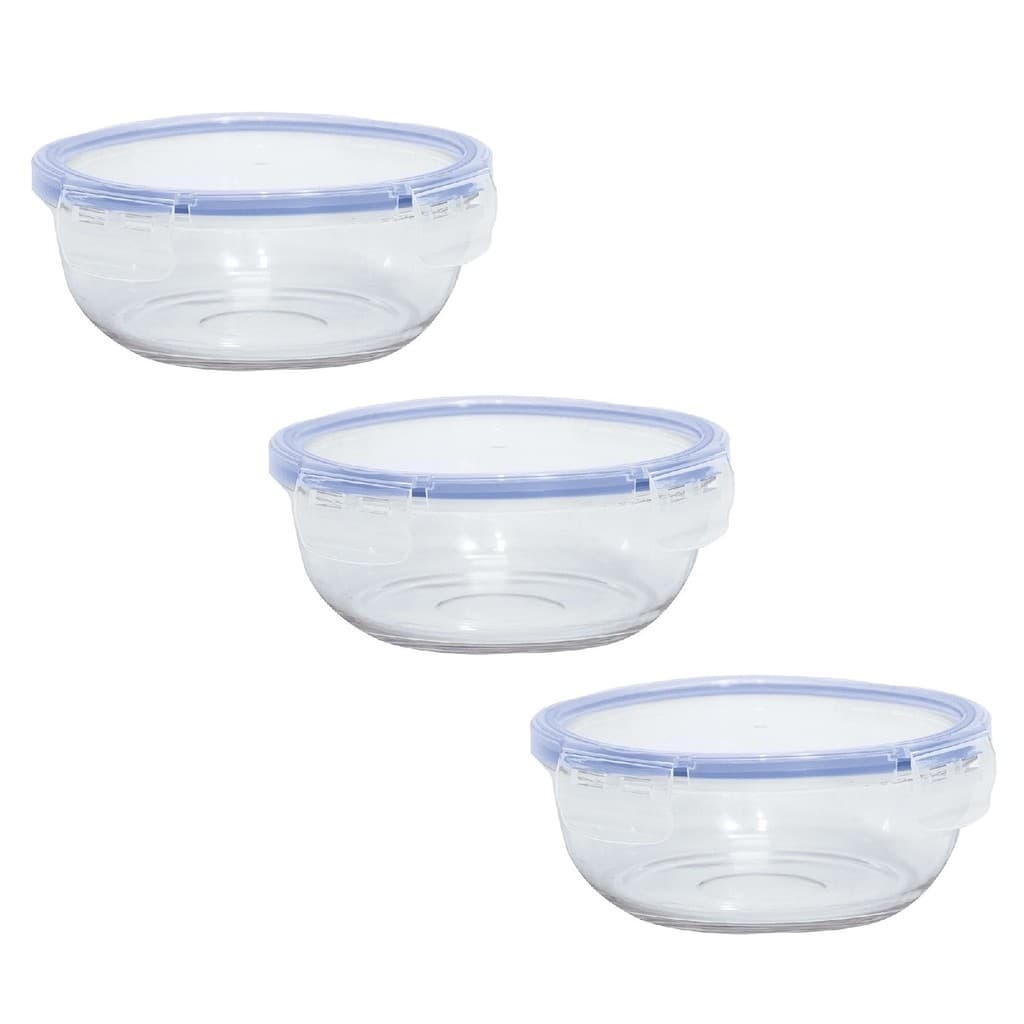 Jogo 3 Potes Marmita Redondo Vedação 4 Travas Antivazamento Freezer Micro-ondas 1L Refratário Guardar Comida Vidro
